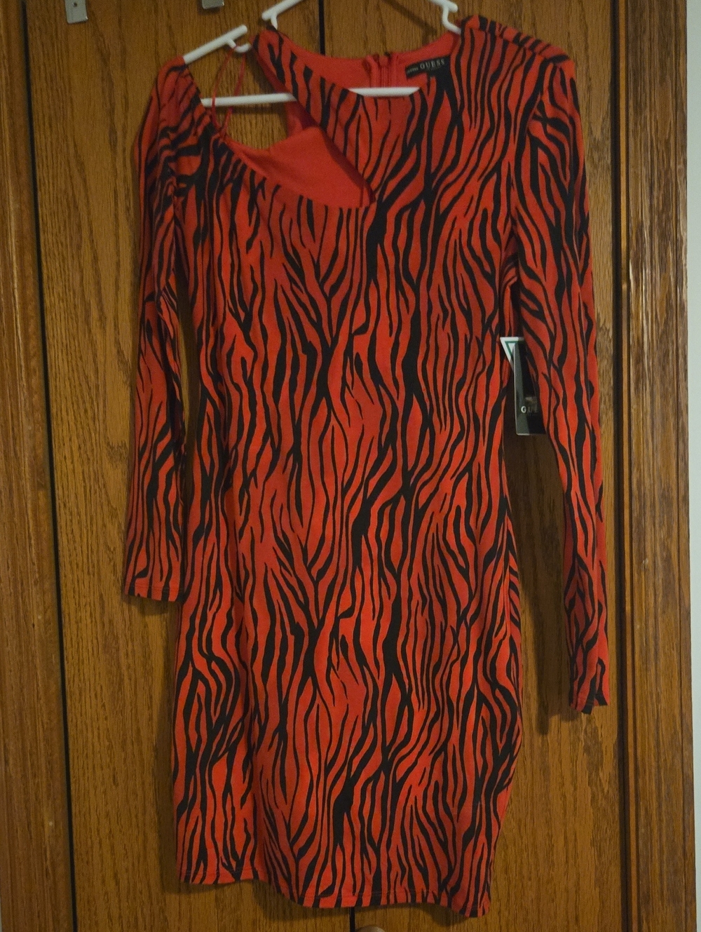 Guess Red and Black Zebra-Print Long Sleeve Bodycon Dress